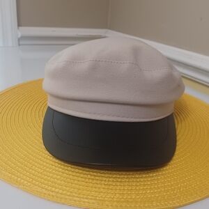 Beige Beret Cap With Black Leather Look Bill & Drawstring Fit One Size Fits All